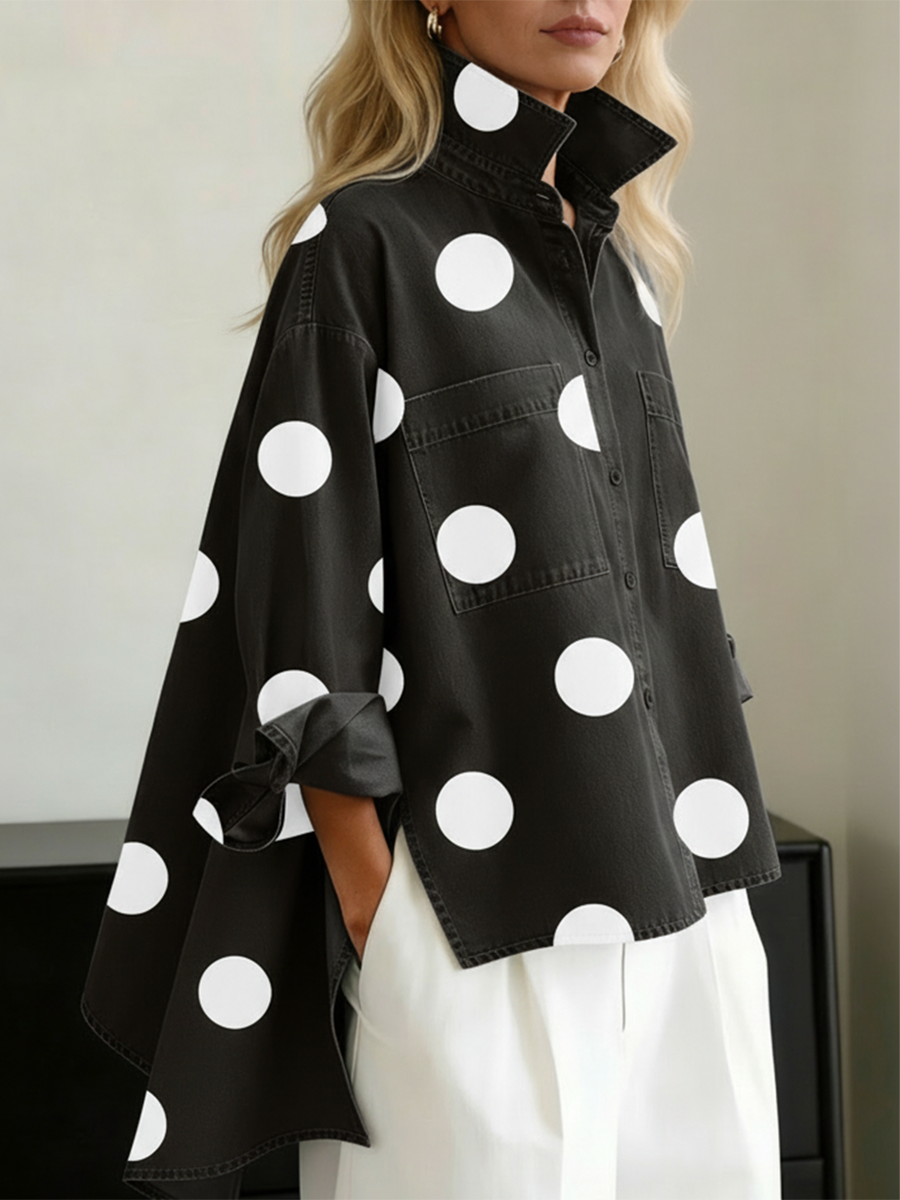 Elegant Artistic Polka Dot Print Stand-collar Denim Top - Seldom Seen Styles