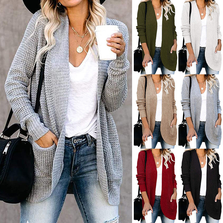 Women's Clothing  Curved Placket Large Pocket Sweater Cardigan Autumn Winter New  Cardigan