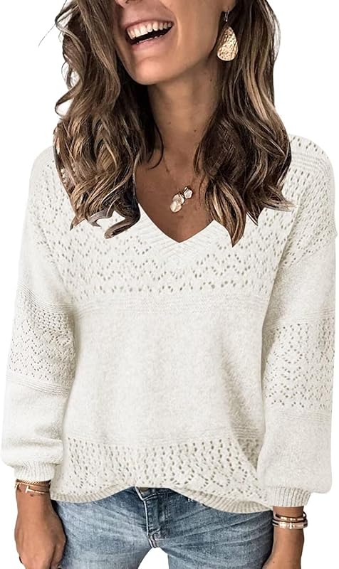 Womens Sweaters 2025 Fall V Neck Long Sleeve Hollow Knit Pullover Sweaters for Women - Seldom Seen Styles