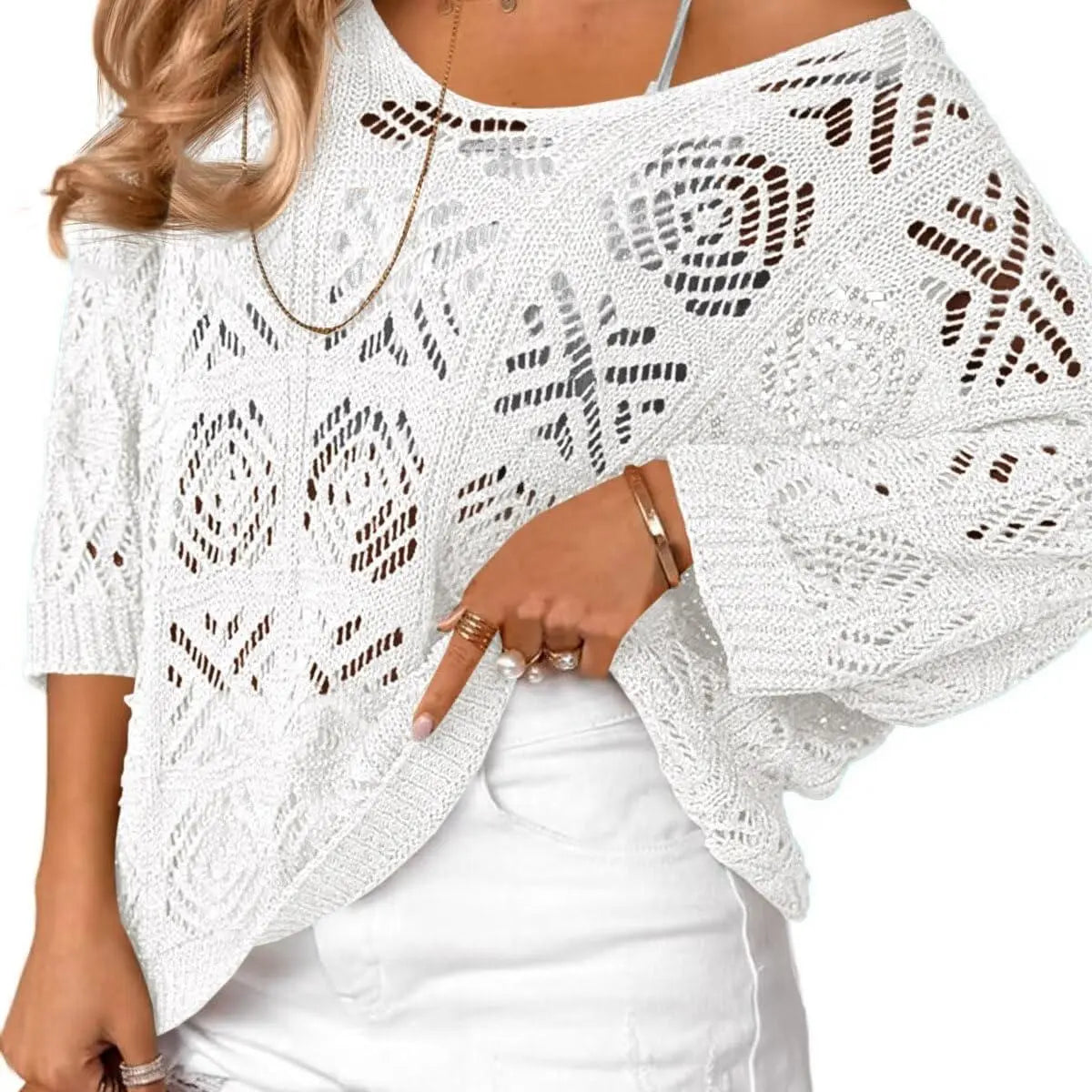 Fisoew Women's Bohemian-Inspired Beige Crochet Top with V-Neck #Springtok #TikTokShopJumpstartSale Casual Chic - Seldom Seen Styles