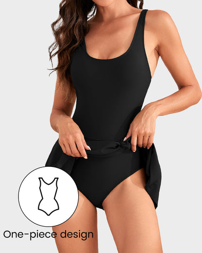 Women's One Piece Tummy Control Tie Knot Swimsuit Skort Built-In Bra Floral Print Summer Beach Vacation Swimwear