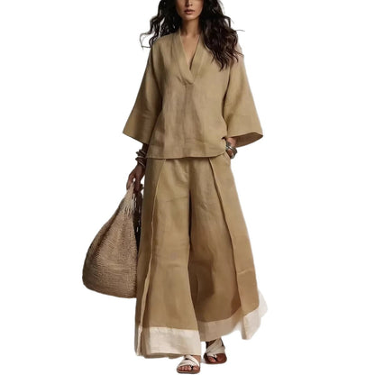 Annie's Fashion Women's Cotton-Linen V-Neck Three-Quarter Sleeve Shirt and Wide-Leg Pants Set
