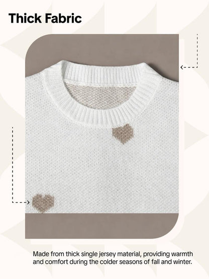 Women's All Over Heart Print Drop Shoulder Sweater, Casual Long Sleeve Round Neck Jumper for Fall & Winter, Fashion Ladies' Knitwear for Daily Wear