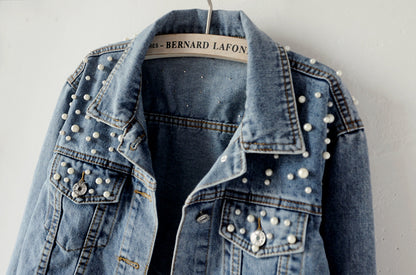 Women's Fashion Loose Embroidered Pearls Beading Cropped Denim Jacket Jean Coat