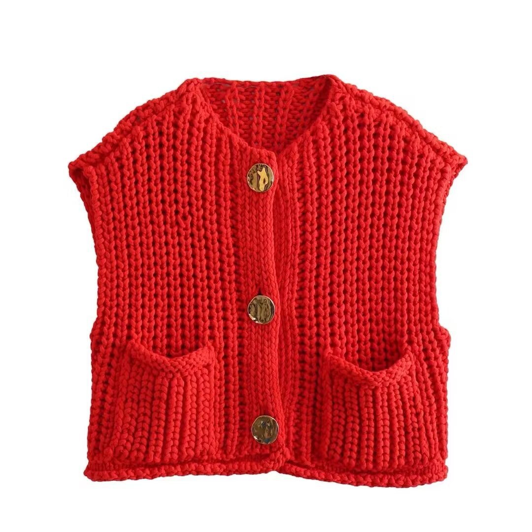 Three-Button Sweater Vest for Women New Solid Color Large Pocket Sleeveless Knitted Short Cardigan Vest