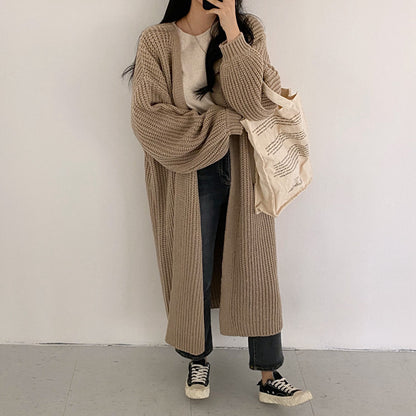 2024Autumn and Winter New Korean Style Solid Color Idle Style Sunken Stripe Long Knitted Cardigan Lantern Sleeve Sweater Women's Coat Fashion