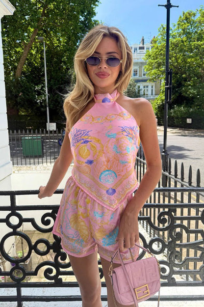 Ensemble deux pièces chic à imprimé ethnique avec licou et coupe ample
