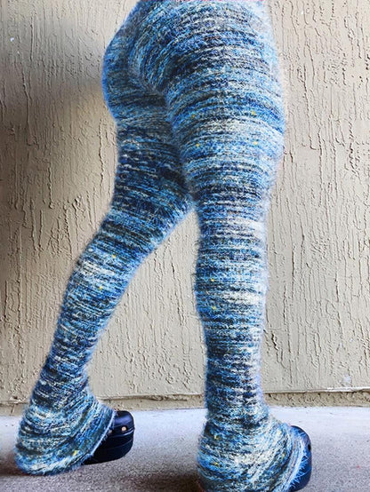 Women's Striped Print Flare Leg Fuzzy Sweater Pants, Casual Street Comfy Knit Bell Bottom Trousers For Fall & Winter, Women's Knitwear For Daily Wear