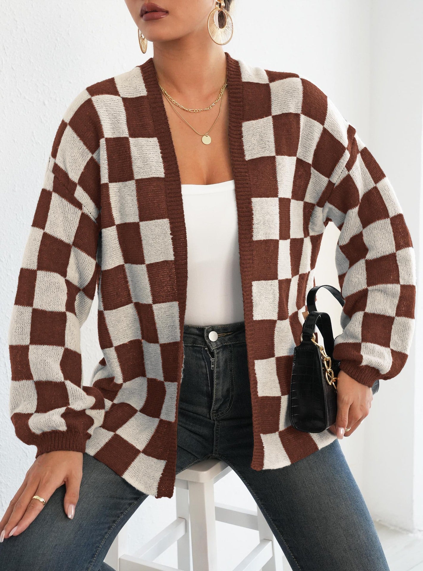 Women's Checkerboard Print Drop Shoulder Cardigan, Casual Long Sleeve Open Front Knitwear for Fall & Winter, Women's Knit Clothing for Daily Wear