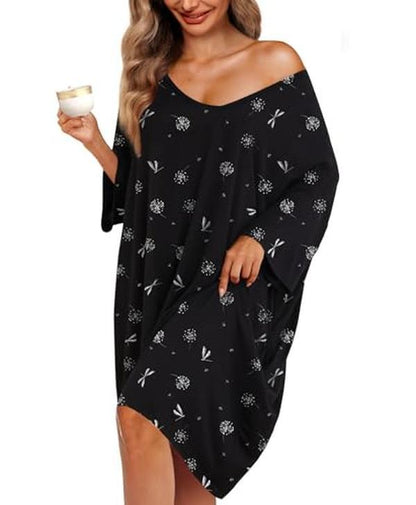 Plus Size Nightgown for Women V-Neck Sleep  Dress Pjs Lounge Short Sleeves Sleepwear With Pocket Fit S-5XL Pajamas Elastic Loungewear Breathable Fabric