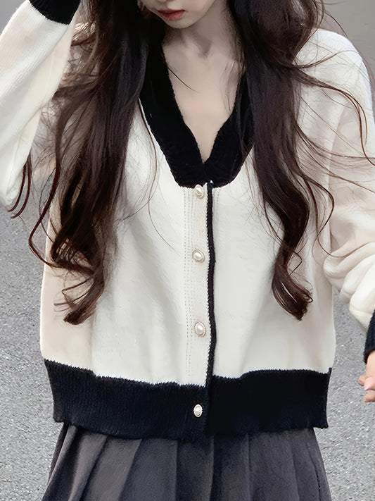 Color Block Button Down Knit Cardigan, Casual V Neck Long Sleeve Sweater, Women's Clothing