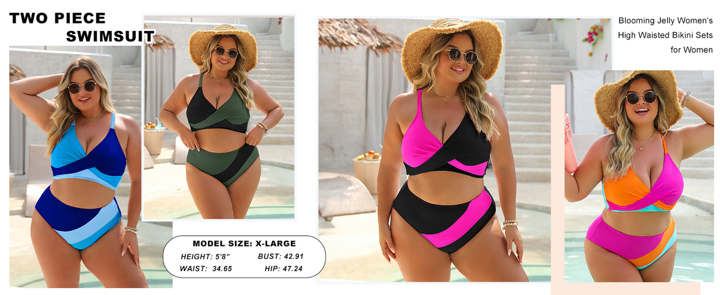 Womens High Waisted Bikini Sets Criss Cross Two Piece Swimsuits Color Block Full Coverage Bathing Suits - Seldom Seen Styles