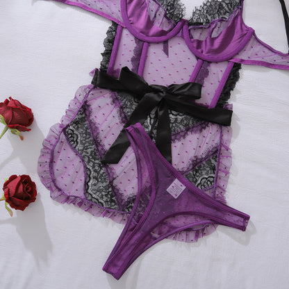 Sexy Color-Block Mesh See-Through Lingerie Hollow Out Backless No-Remove Temptation Erotic Bodysuit with Underwire