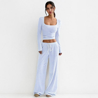 Women's Slouchy Square Neck Stripe Long Sleeve Crop Top & Low-Rise Wide Leg Trousers Co-ord, Minimalist Two Piece Outfits, Cozy Womenswear