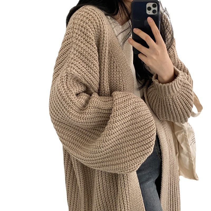 2024 herbst und Winter Neue Koreanische Stil Einfarbig Leerlauf Stil Versunkenen Streifen Lange Strickjacke Laterne Ärmeln Pullover frauen Mantel mode 