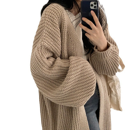 2024Autumn and Winter New Korean Style Solid Color Idle Style Sunken Stripe Long Knitted Cardigan Lantern Sleeve Sweater Women's Coat Fashion