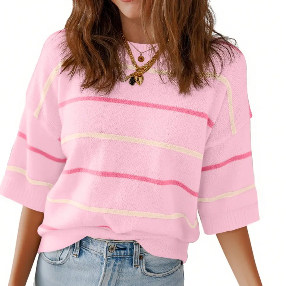 Shewin 2026 SummerVibes Women's Shortsleeve Round Neck Striped Pullover - Soft Breathable Polyester Sweatshirt, Chic Casual Fit, Ladies' Clothing for Daily Wear - Seldom Seen Styles