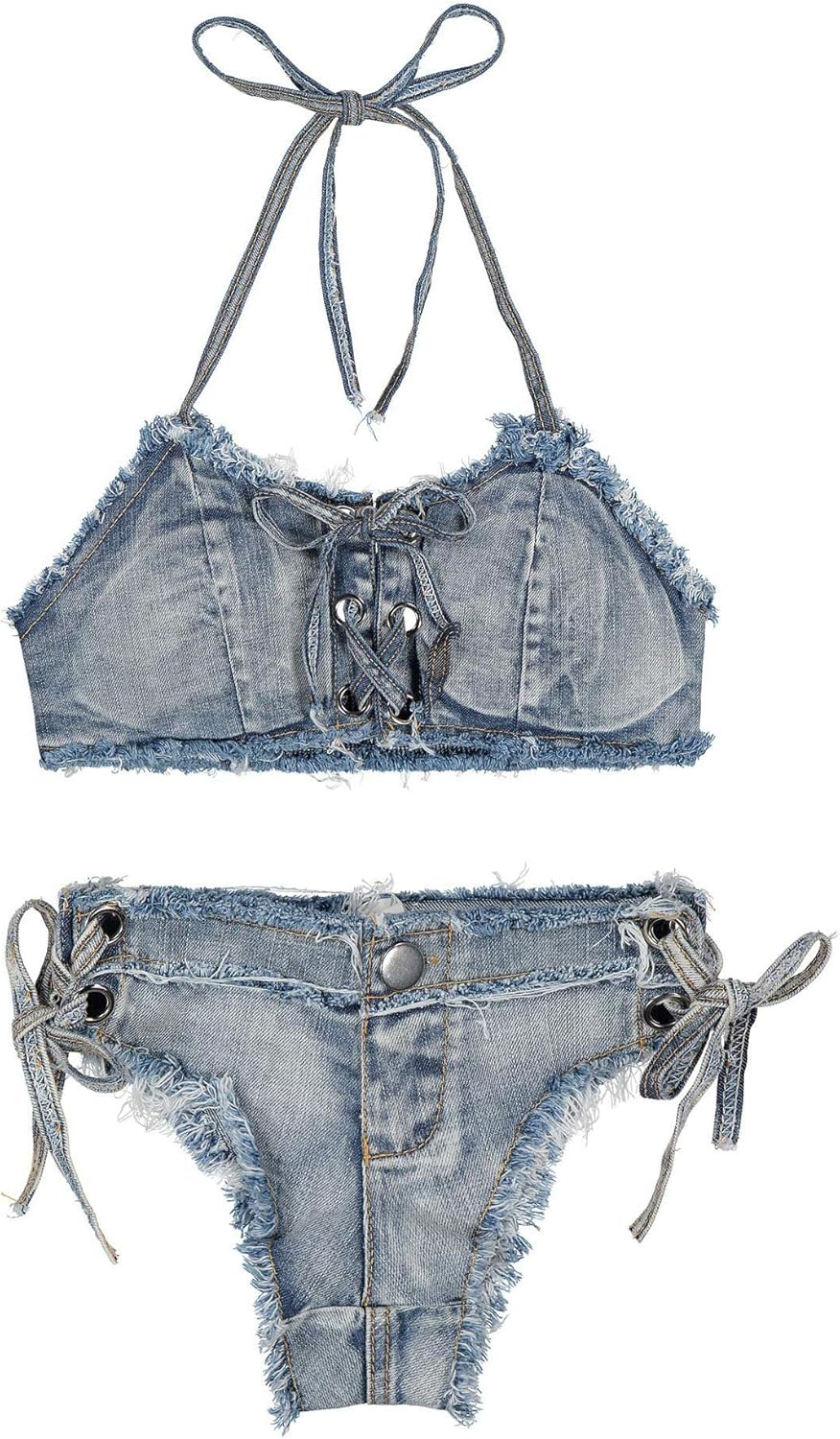 Women's Denim Bikini Set with Jeans Shorts and Bra for Beach Play and Bar Nightclub Performance - Seldom Seen Styles