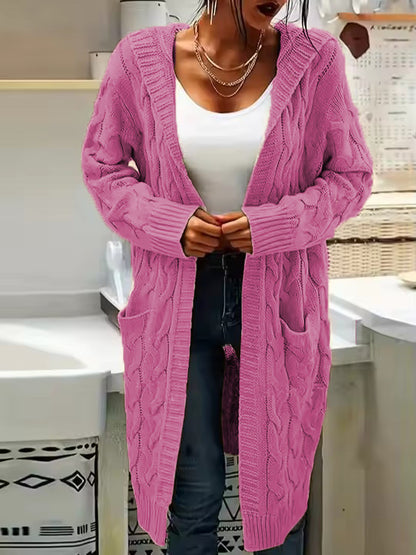 Women's Pocket Drop Shoulder Cardigan, Hooded Long Sleeve Warm Top, Casual Textured Knit Open Front Cable Outwear, Sweaters for Women