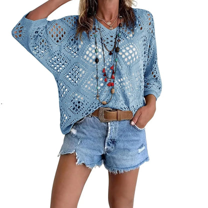 Fisoew Women's Bohemian-Inspired Beige Crochet Top with V-Neck #Springtok #TikTokShopJumpstartSale Casual Chic