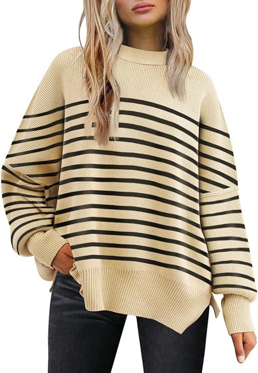 Women's Oversized Batwing Sweaters 2024 Fall Outfits Crewneck Ribbed Knit Side Slit Trendy Pullover Tops