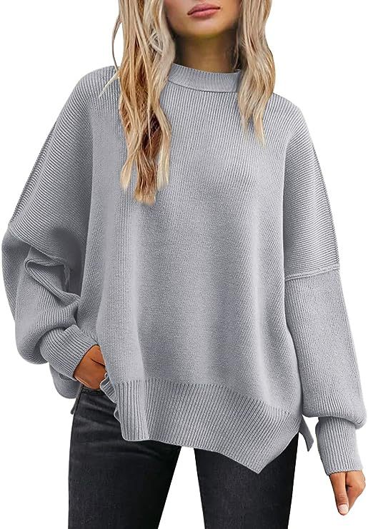 Women's Oversized Batwing Sweaters 2024 Fall Outfits Crewneck Ribbed Knit Side Slit Trendy Pullover Tops