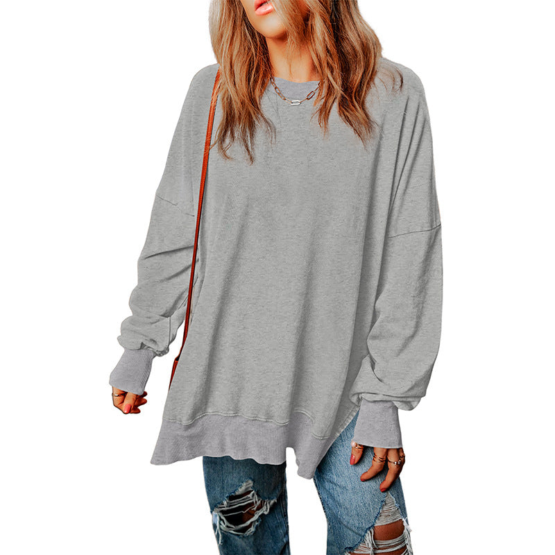 Autumn New Pure Color round-Neck Pullover Women's European and American Leisure Style All-Match Super Long Flab Hiding Long-Sleeved Top for Women