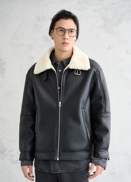 [PU leather composite imitation lamb wool collar] Winter fur integrated thickened thermal leather jacket jacket men