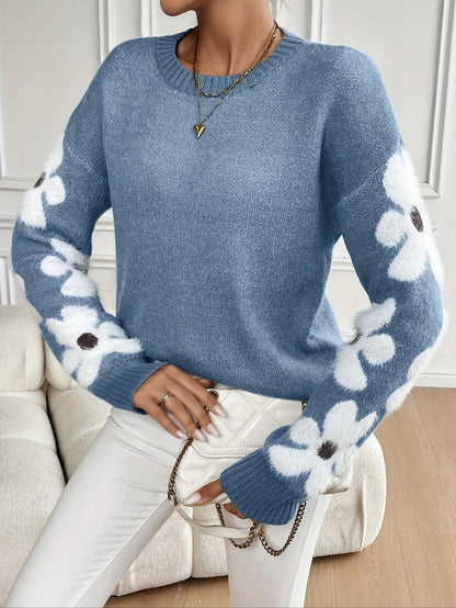 Women's Floral Pattern Scallop Trim Drop Shoulder Sweater, Casual Long Sleeve V Neck Jumper for Fall & Winter, Fashion Ladies' Knitwear for Daily Wear