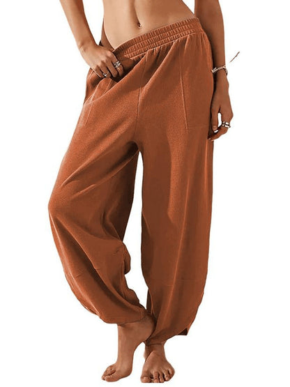 Pantalon ample à jambes larges pour femme, style sarouel décontracté à taille élastique avec poches