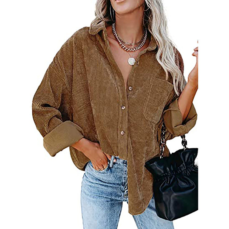 Dokotoo Womens Corduroy Button Down Shirts Boyfriend Long Sleeve Oversized Blouses Tops