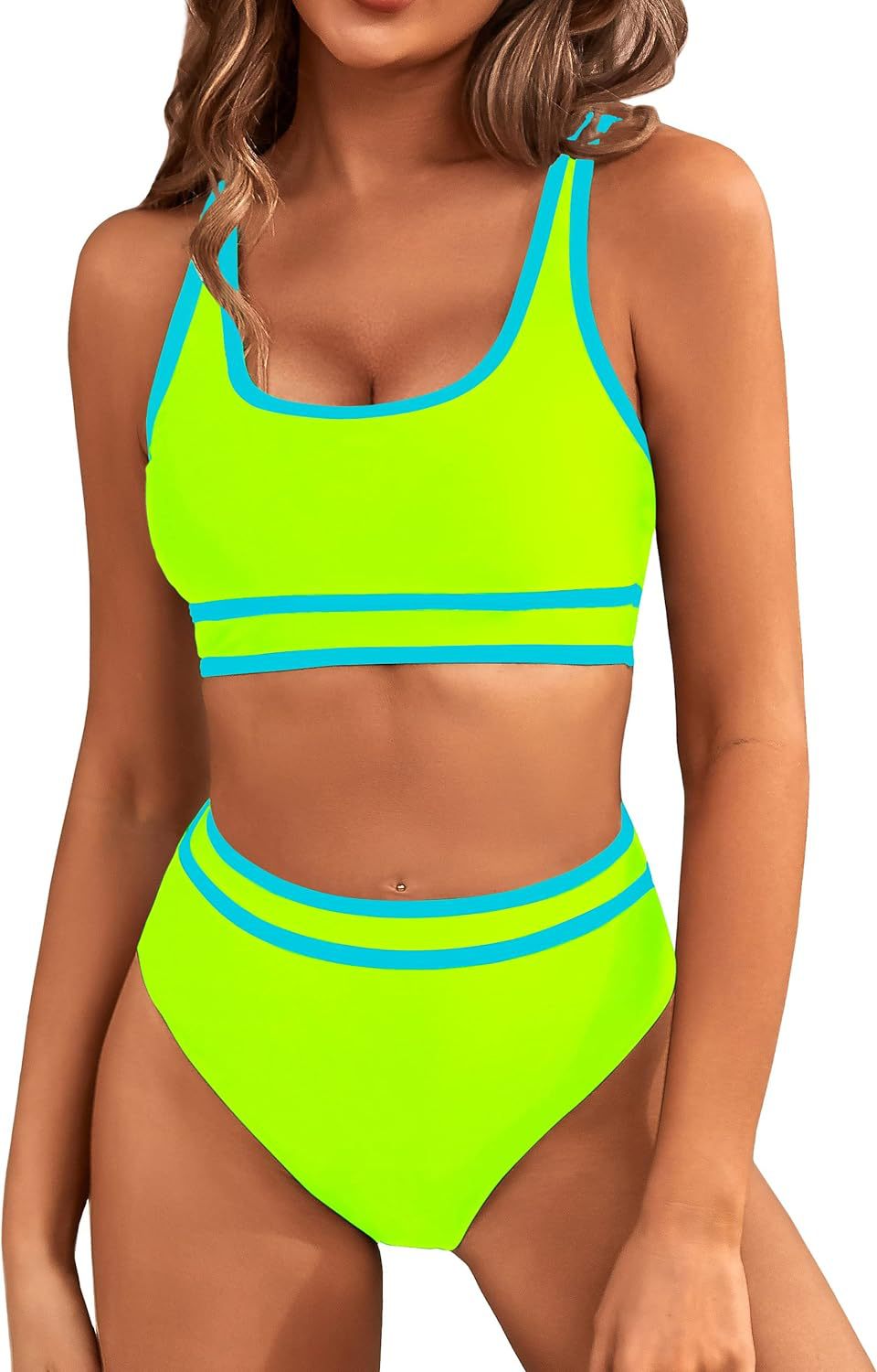 Women's High Waisted Bikini Sets Sporty Two Piece Swimsuits Color Block Cheeky High Cut Bathing Suits - Seldom Seen Styles