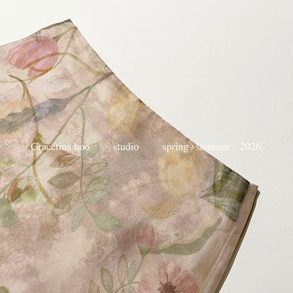 Vintage Oil Painting Floral Print Midi Skirt 100% Polyester Side Zip A-Line Elegant Summer Skirt