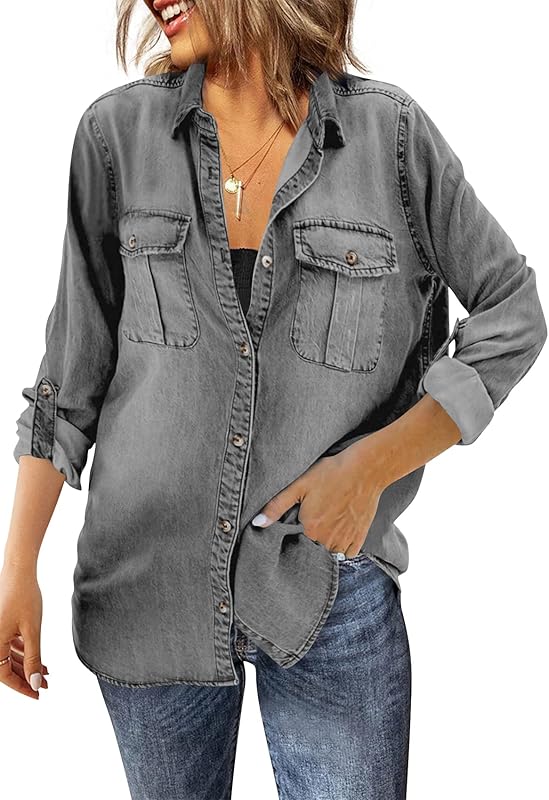 Runcati Womens Button Down Denim Shirt Long Sleeve Roll Up Casual Oversized Jean Shirt Jacket Distressed Tunic Tops