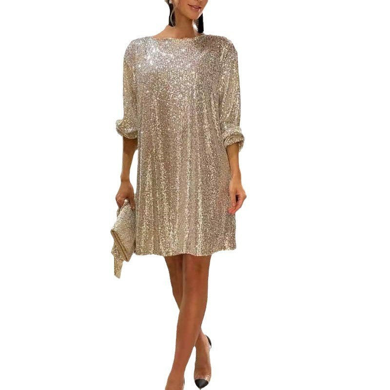 Elegant Sequin Party Dress for Women - Sparkling Long Sleeve, Round Neck with