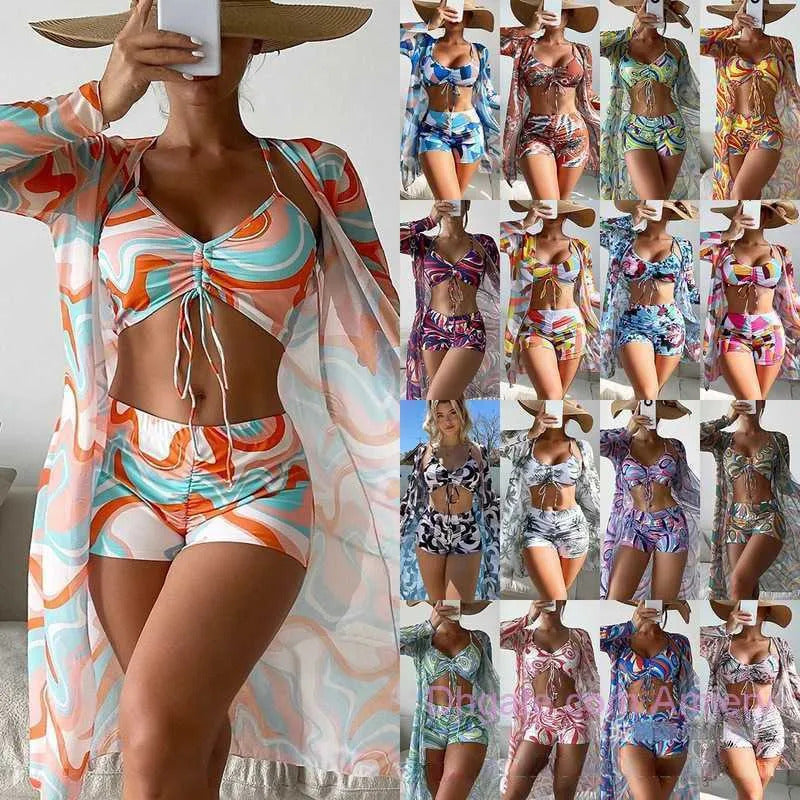 2023 Swimsuit Women's Designers Bikini Split Three Piece Set Cover Up High Waist Long Sleeve Ins Overshirt Drawstring Beach Bikinis Swimwear - Seldom Seen Styles