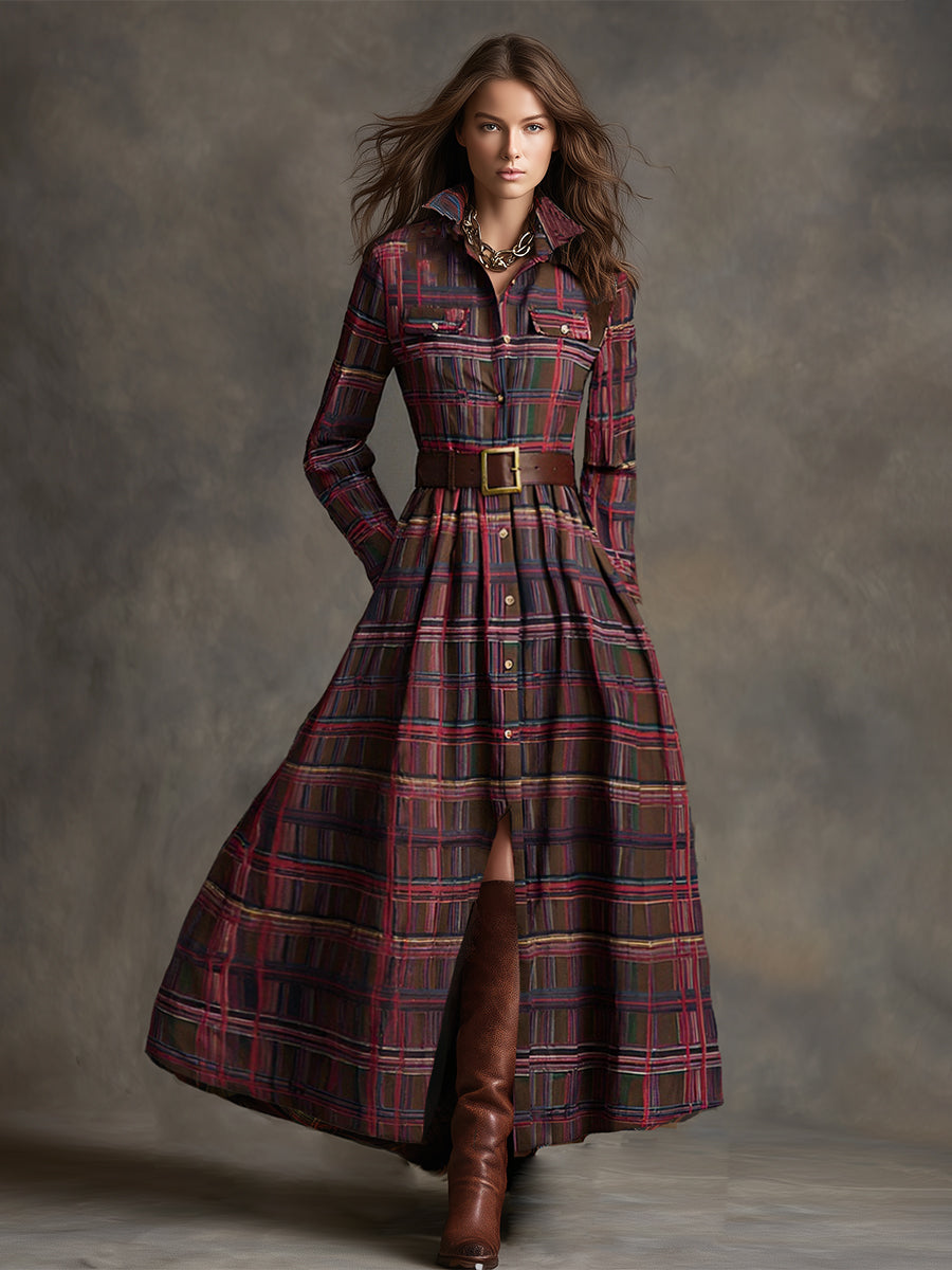 Retro Ethnic Style Lapel Reddish Brown Plaid Maxi Dress - Seldom Seen Styles