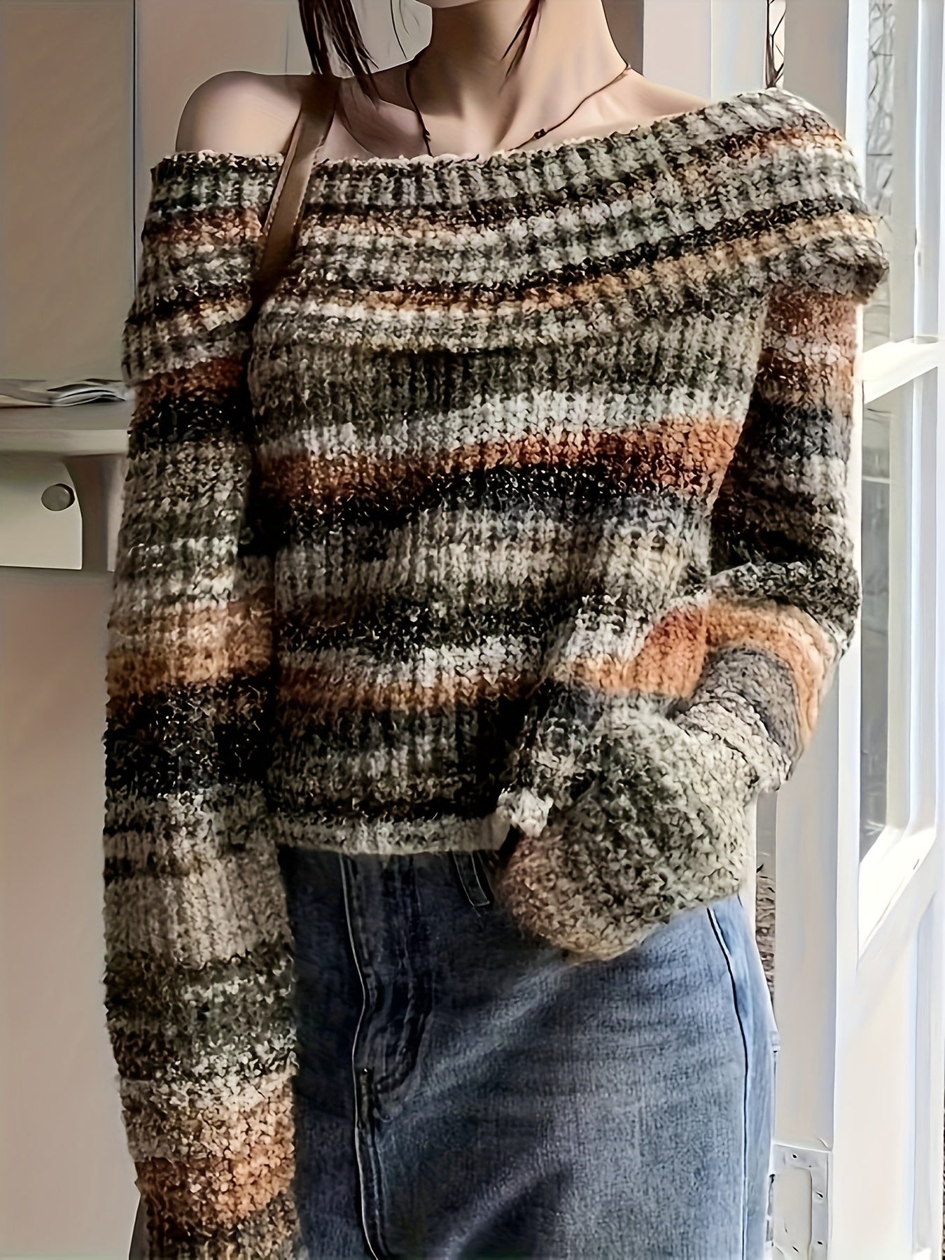 Gestreifter schulterfreier Pullover, lässiger Langarmpullover für Frühling und Herbst, Damenbekleidung