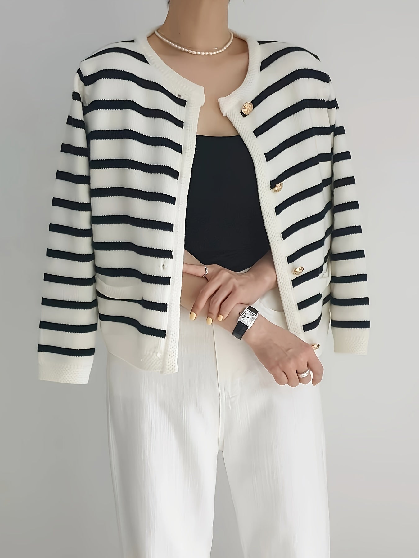 Stripe Pattern Button Front Cardigan, Chic Crew Neck Long Sleeve Cardigan For Fall & Winter, Women's Clothing