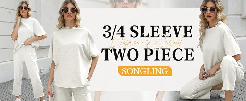 Songling Women Casual Two Piece Outfits 3/4 Batwing Sleeve Capelet CrewNeck Pullover Top Wide Leg Pants Lounge Sets Sweatsuit - Seldom Seen Styles