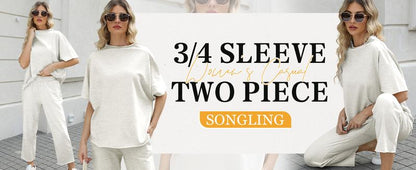 Songling Women Casual Two Piece Outfits 3/4 Batwing Sleeve Capelet CrewNeck Pullover Top Wide Leg Pants Lounge Sets Sweatsuit