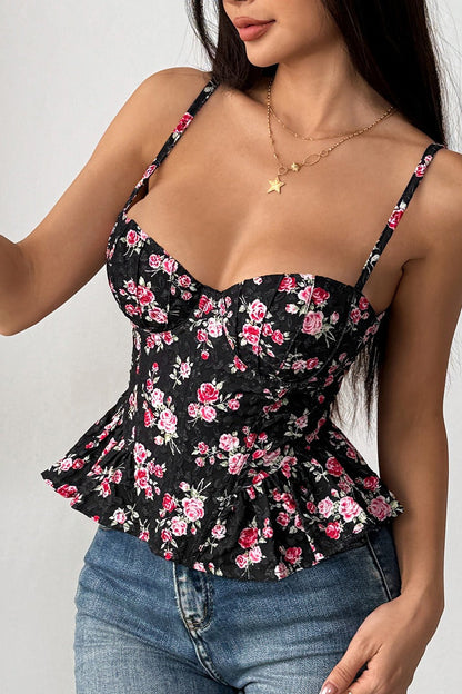 Women's Floral Ditsy Print Spaghetti Strap Cami Top Irregular Ruffle Hem Tie Detail Slim Fit Sleeveless Summer Casual Boho Going Out Top