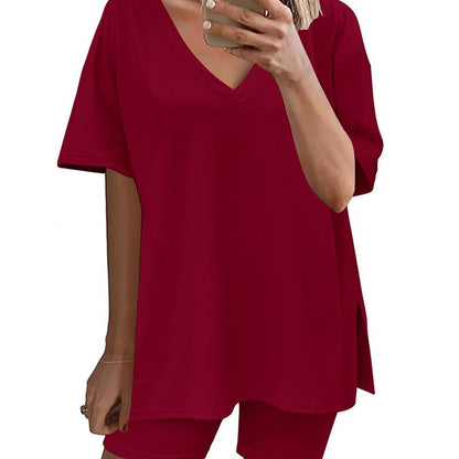 Summer Comfy Women's Loungewear  2 Piece Outfits Tshirt Oversized Short Sleeve Tracksuit Beach Cover Up Shorts Set S-XXL Casual Fabric Breathable Womenswear Loose Matching