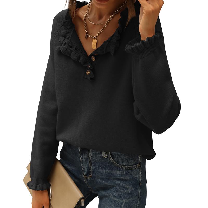 Women's Knit Pullover Sweater Tops - Casual Long Sleeve Button Down Crew Neck Ruffle Solid Color Striped - Knitwear, Womenswear - Seldom Seen Styles