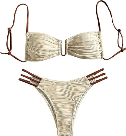 Women's Cut Out V Wire Bikini Set 2 Piece High Cut Textured Ruched Beach Swim Bathing Suits - Seldom Seen Styles