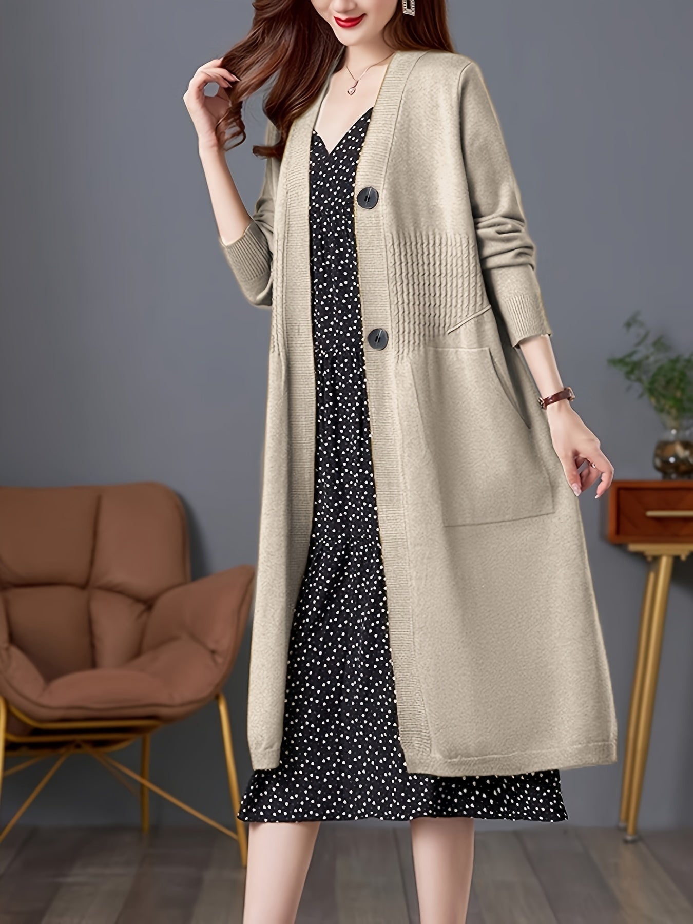 Solid Button Front Duster Cardigan, Casual Long Sleeve Slant Pockets Midi Cardigan For Fall & Winter, Women's Clothing