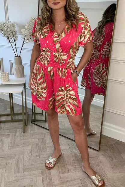 Casual Floral Polka Dot Pocket Rompers, Casual Floral Polka Dot Rompers, Elastic Waist Wide Leg Shorts Jumpsuits