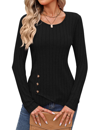 Sweaters for Women Fashion Long Sleeve Tops Button Pullover Crew Neck Casual Loose Slit Sweatshirt