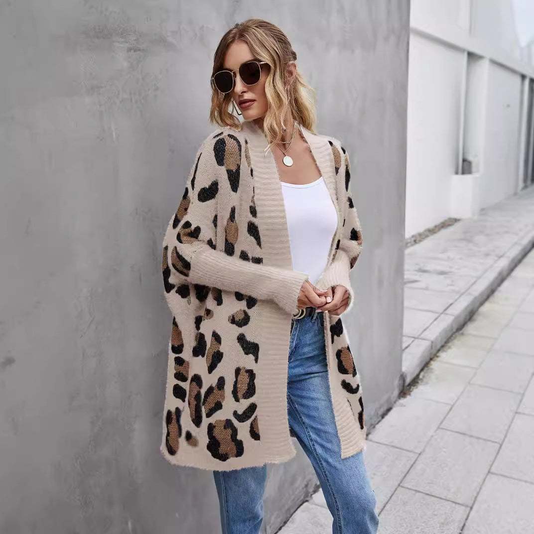 2024New Winter Clothes European and American Foreign Trade Women's plus Size Cardigan Coat Personality Fashion Leopard Print Knitwear Sweater Women