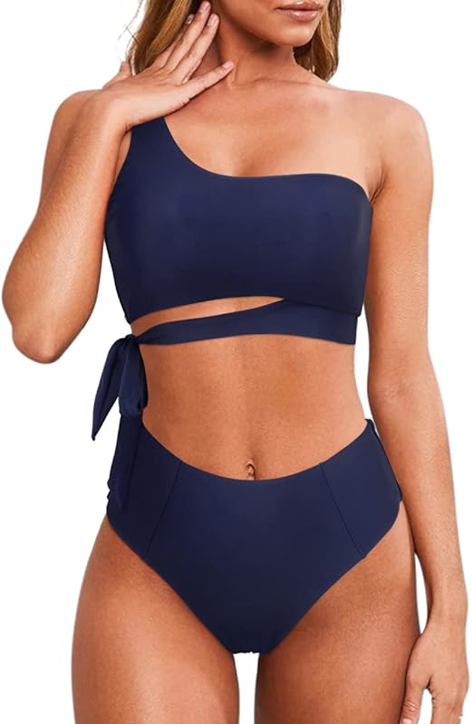 Women One Shoulder High Waisted Bikini Tie High Cut Two Piece Swimsuits - Seldom Seen Styles